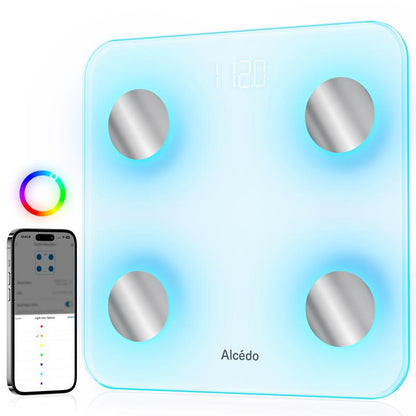 Alcedo Smart Scale for Body Weight, 7-Color Glowing Bluetooth Digital Bathroom Scale for BMI and Body Fat, Body Composition Monitor with Smartphone App-XDX
