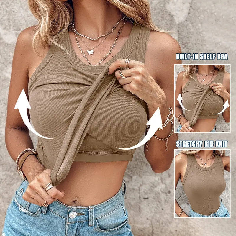 Built-in Bra Tank Top Ribbed Racerback Tops Women Going Out Tops Everyday Basic Tanks Padded Tops-HHW