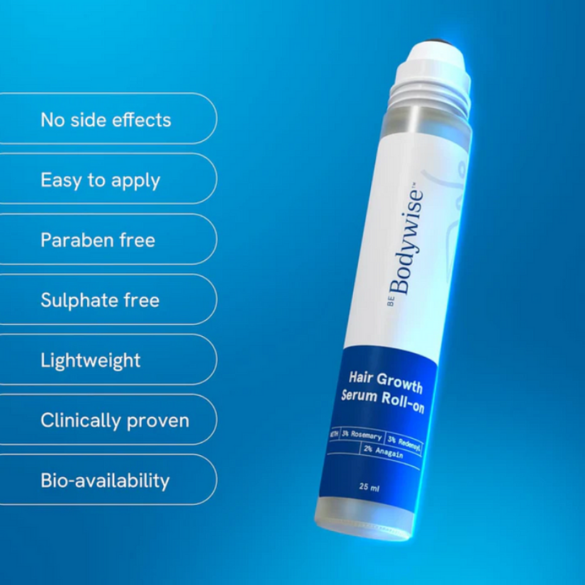 Be Bodywise Advanced Hair Growth Roll-On Serum | 3% Rosemary | 2% Aminexil | 3% Redensy l 2% Anagain | Precision Scalp Applicator | Paraben & Sulphate Free | Non oily and mess free-HHW