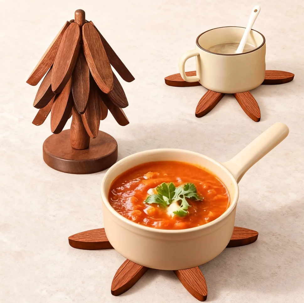 🔥 Christmas EarlyDiscount 49%Off ✨ Natural Tree TrivetSet – 4 Wooden Trivets & 1Stand Like a ChristmasTree-XDX