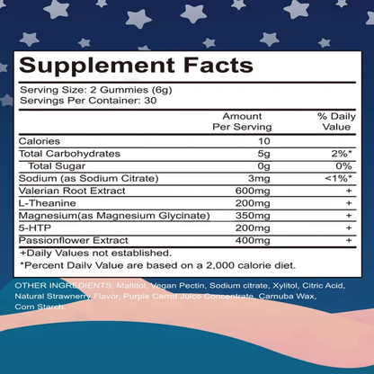 Natural Sleep Gummies -30 Servings Sweet Strawberry Stars (Melatonin Free)-XDX