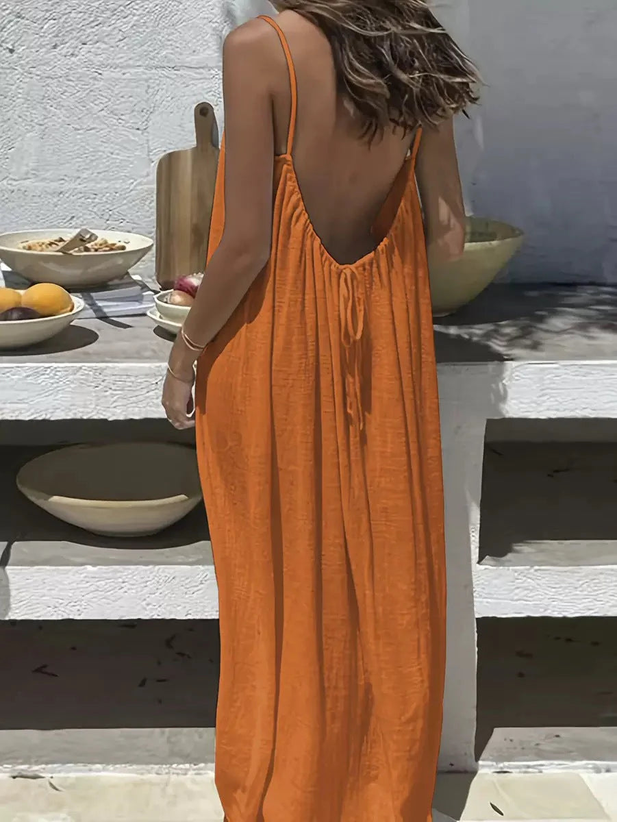 Women's Solid Color Cami Lounge Dress, Elegant Sleeveless Long Dress for Summer, Ladies Sleepwear for Indoor Wear-HHW