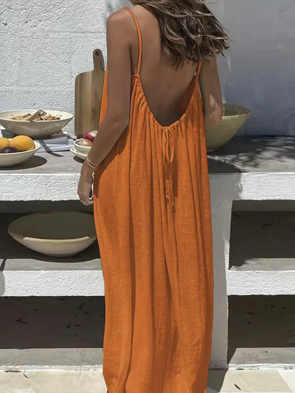 Women's Solid Color Cami Lounge Dress, Elegant Sleeveless Long Dress for Summer, Ladies Sleepwear for Indoor Wear-HHW