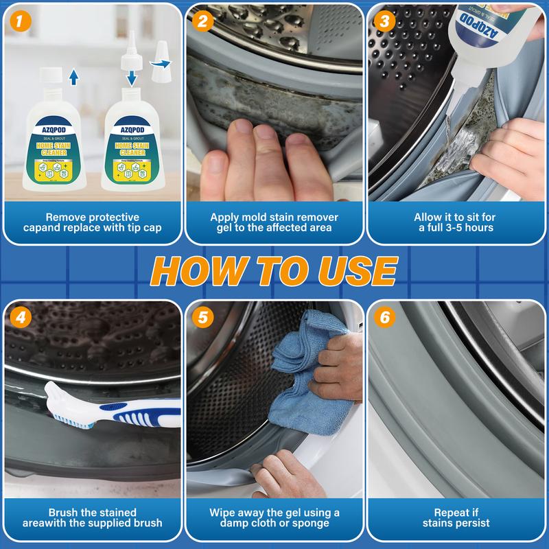 AZQPOD Mold Remover Gel with Scrub Brush – Heavy Duty Mildew Stain Cleaner for Washer Gasket, Shower Caulk, Tile Grout & Bathroom – 7 Fl Oz-XDX