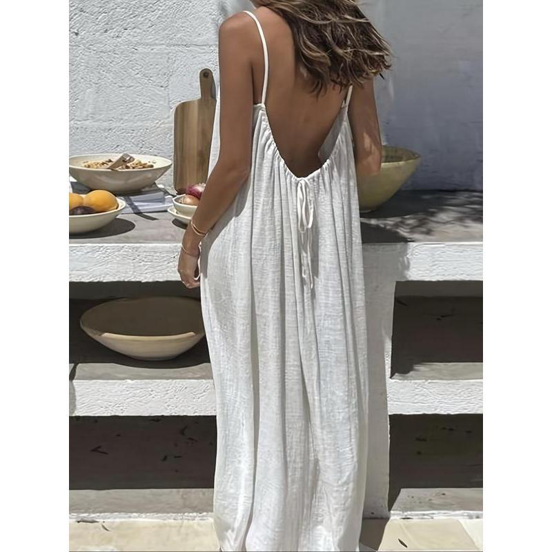 Women's Solid Color Cami Lounge Dress, Elegant Sleeveless Long Dress for Summer, Ladies Sleepwear for Indoor Wear-HHW
