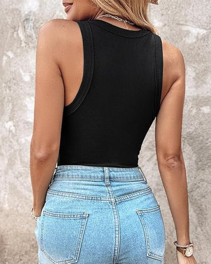 Built-in Bra Tank Top Ribbed Racerback Tops Women Going Out Tops Everyday Basic Tanks Padded Tops-HHW