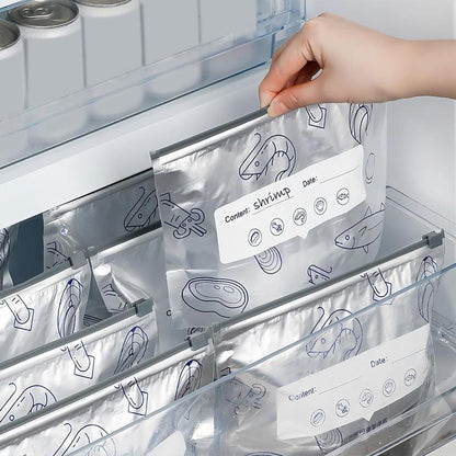 【Refrigerated Food】Reusable Aluminum Foil Sealable Storage Bags, 2025 New Resealable Vacuum Zipper Pouches for Food, Stand Up Foil Sealable Bags with Label and Zip Lock for Vegetable Fruit Meat-XDX
