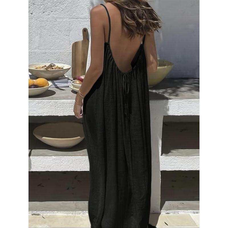 Women's Solid Color Cami Lounge Dress, Elegant Sleeveless Long Dress for Summer, Ladies Sleepwear for Indoor Wear-HHW