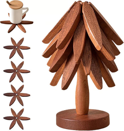🔥 Christmas EarlyDiscount 49%Off ✨ Natural Tree TrivetSet – 4 Wooden Trivets & 1Stand Like a ChristmasTree-XDX