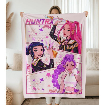 Kpop Demon Hunter Blanket, Cute Huntrix Theme Flannel Blanket, Kpop Demon Hunter Lover Gift, Mira Rumi Joey Blanket, Cozy Kpop Fangirl-XDX