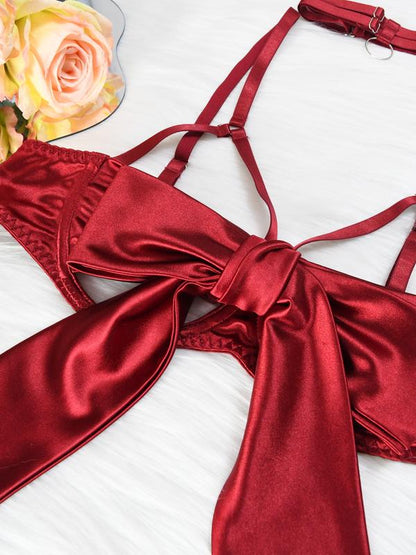 Red Silk Bow Sleepwear Set - Glamour Nightwear for New Year, Valentine's Day, Birthday Gifts - Soft, Breathable, Minimalist Design - Comfortable Pajamas for Women Fabric Womenswear Suits Elegance—XDX