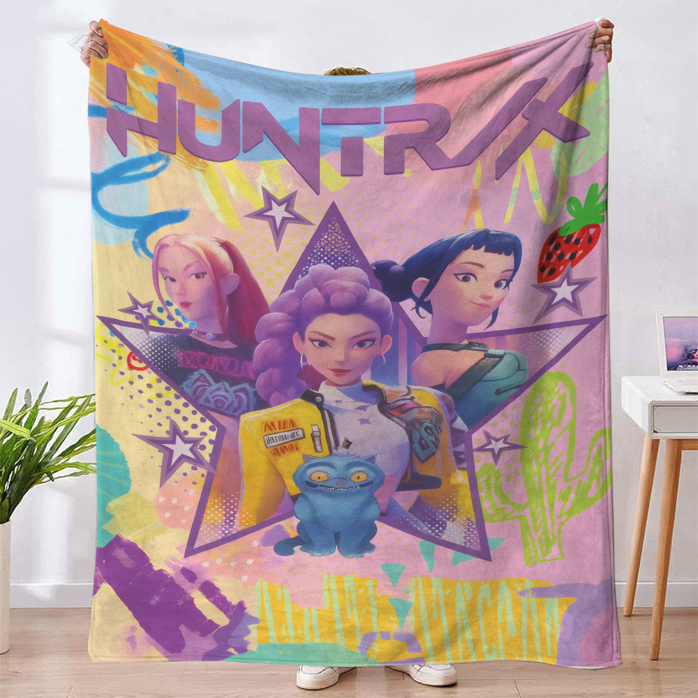 Kpop Demon Hunter Blanket, Cute Huntrix Theme Flannel Blanket, Kpop Demon Hunter Lover Gift, Mira Rumi Joey Blanket, Cozy Kpop Fangirl-XDX