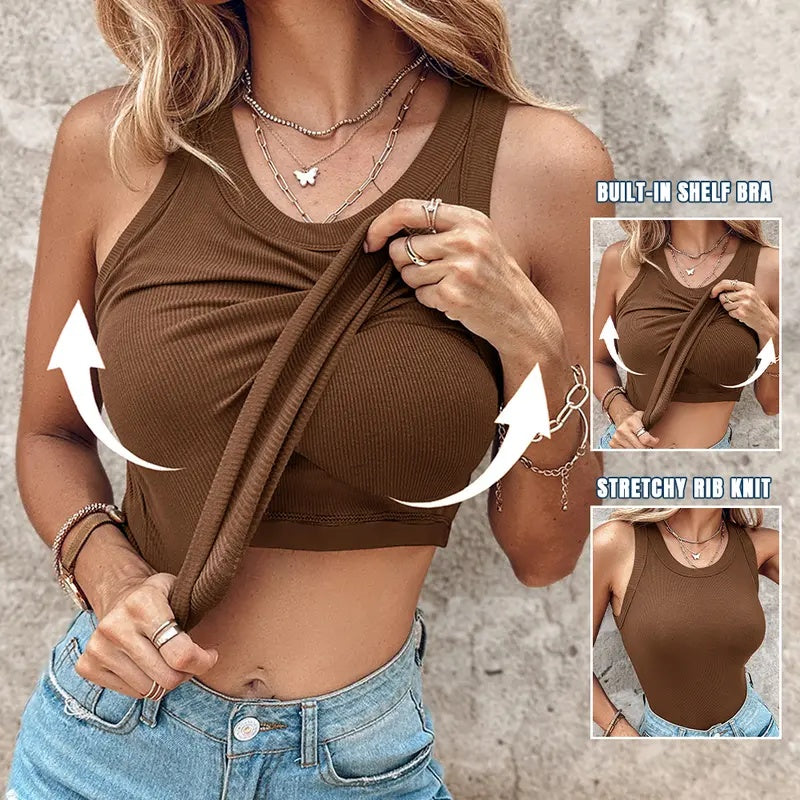 Built-in Bra Tank Top Ribbed Racerback Tops Women Going Out Tops Everyday Basic Tanks Padded Tops-HHW