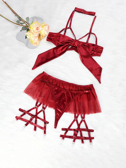Red Silk Bow Sleepwear Set - Glamour Nightwear for New Year, Valentine's Day, Birthday Gifts - Soft, Breathable, Minimalist Design - Comfortable Pajamas for Women Fabric Womenswear Suits Elegance—XDX