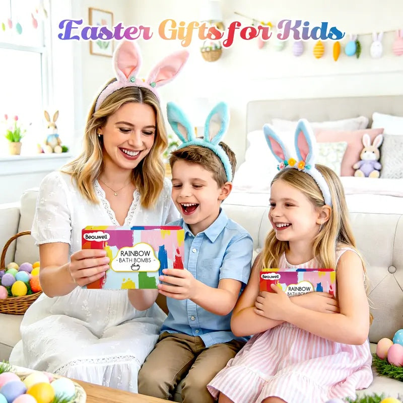 Rainbow Bath Bombs for Kids, Handmade 4 Pcs Kid Bath Bombs Gift Set, Easter Basket Stuffers for Kids Girls Bubble Bath-XDX