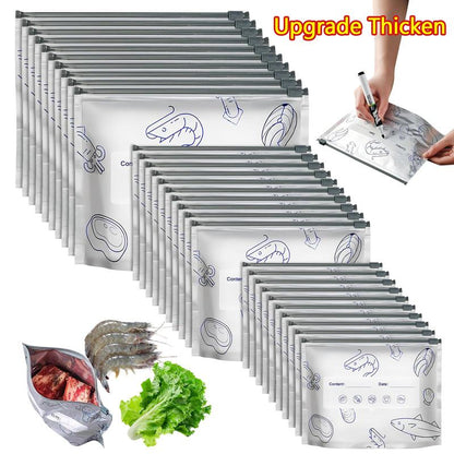 【Refrigerated Food】Reusable Aluminum Foil Sealable Storage Bags, 2025 New Resealable Vacuum Zipper Pouches for Food, Stand Up Foil Sealable Bags with Label and Zip Lock for Vegetable Fruit Meat-XDX
