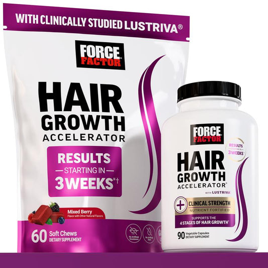 Force Factor Hair Growth Accelerator with Clinically Studied Lustriva to Promote Thicker, Stronger Hair, Biotin, Vitamin E & C, Mixed Berry, Soft Chew or Capsule-XDX-FB