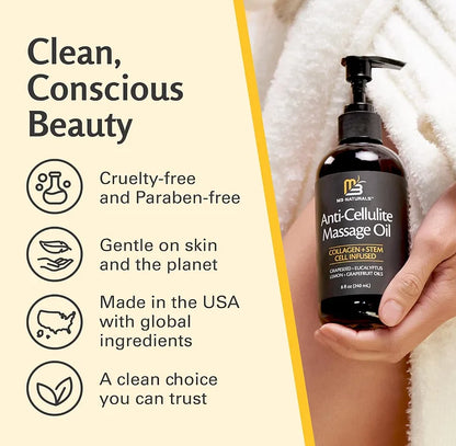 Cellulite Massage Oil 8oz - Smooth the Appearance of Cellulite - Body Care & Skin Care Massage Oil - Topical Collagen and Plant Stem Cell Body Oil to Restore Texture and Elasticity - Soothing Body Oil-HHW