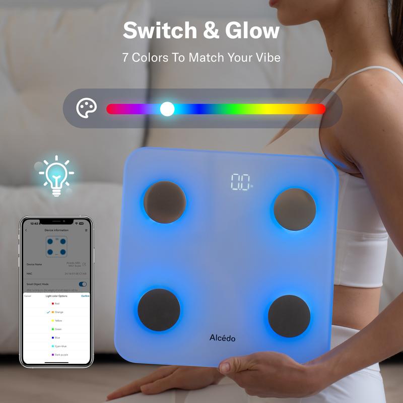 Alcedo Smart Scale for Body Weight, 7-Color Glowing Bluetooth Digital Bathroom Scale for BMI and Body Fat, Body Composition Monitor with Smartphone App-XDX