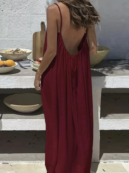 Women's Solid Color Cami Lounge Dress, Elegant Sleeveless Long Dress for Summer, Ladies Sleepwear for Indoor Wear-HHW